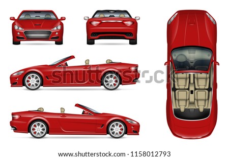 Red convertible car vector mockup on white for vehicle branding, corporate identity. View from side, front, back, and top. All elements in the groups on separate layers for easy editing and recolor Royalty-Free Stock Photo #1158012793
