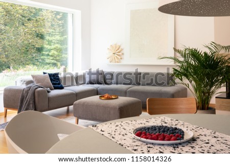 Plate with fruits placed on table in blurred foreground in real photo of bright living room interior with window and corner lounge with pillows
