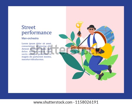 Street musician. One man band plays the trumpet, guitar, drums, and dancing. Street performance. Vector illustration.