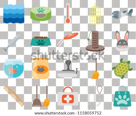 Set Of 20 transparent icons such as Shopping bag, Leash, First aid, Dustpan, Comb, Fish, Turtle, Snake, Fishbowl, Bowl, Scratching, Water, Rabbit, Thermometer, transparency icon pack, pixel perfect