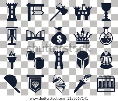Set Of 20 transparent icons such as Alchemy, Torch, Crossbow, Standard, Hat, Goblet, Helmet, Tower, Bridge, Crown, Poison, Axe, transparency icon pack, pixel perfect