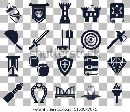 Set Of 20 transparent icons such as Torch, Coif, Bridge, Horseshoe, Bladder pipe, Spellbook, Jewelry, Shield, Standard, Sword, Archery, Crossbow, Axe, Tower, transparency icon pack, pixel perfect