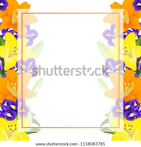 Yellow, Orange Lily and Blue Iris Flower Banner Card Border on White Background. Vector Illustration.