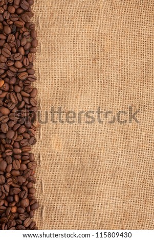 preparation for a coffee menu is made from coffee beans, line and burlap Royalty-Free Stock Photo #115809430
