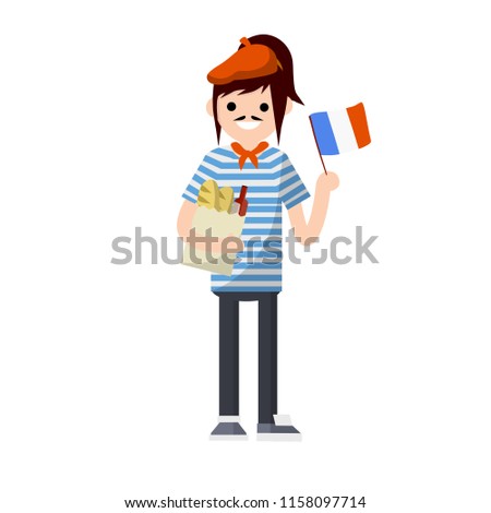 A Frenchman in striped clothes with a beret, a mustache and a French flag. The girl holds a bag with bread baguette and a bottle of red wine. A typical European.
