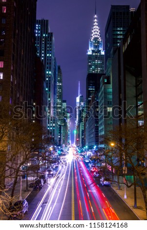 USA, New York City. Manhattan. Night 42 st. High buildings, street lights and car headlights