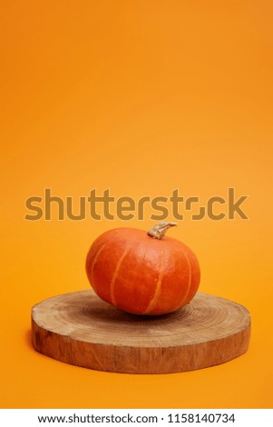 whole ripe pumpkin on round wooden board on orange background
