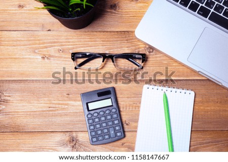 desktop, top view, glasses, notebook and computer