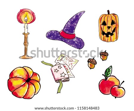 Hand drawn watercolor illustration, clip art of Halloween witchcraft symbols on white background, can be used for stickers, postcard or icons