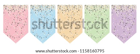 Flag Banner Set. Vector Graphic. Party Decoration. Do It Yourself. Various Colors. Cute Design.Tiny Bright Confetti on a Pink,Blue,Green, Violet and Yellow Backgrounds. Party Garland Elements.
