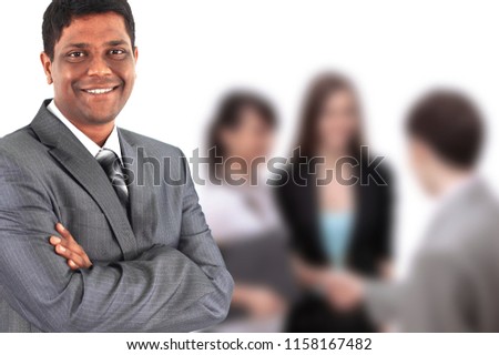 Business man afro-american, the conclusion of the transaction. Isolated on a white background.