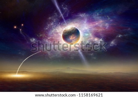 Abstract sci-fi background - space shuttle taking off, aliens planet and twisted galaxy in space. Elements of this image furnished by NASA. Mixed media image.