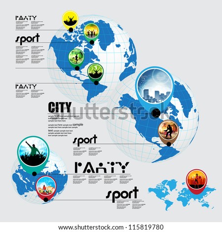 Info graphic of music, sport and shopping on the world