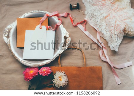 Wedding  card with decorations on linen background Rustic Wedding Flat lay  wedding card Templates
