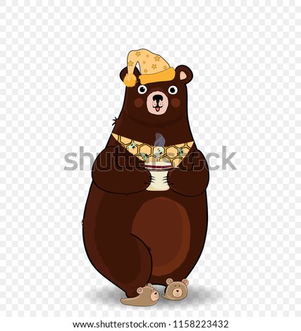 Vector illustration of kawaii cartoon bear character in slippers, sleeping hat and necktie, holding cup with hot drink on transparent background. Illustration, clip art for greeting card design.