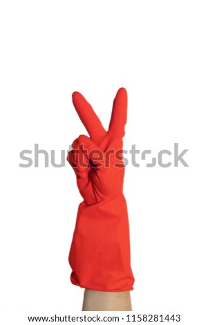 Rubber gloves for cleaning. Preparing for cleaning. Hands clean after cleaning. Squeaky people. Rubber gloves on the hand. Rubber gloves on a hand on a white background.