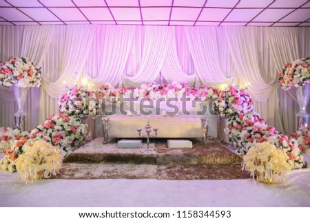 Modern decoration bridal dais used during weddings for Malays in Malaysia. Bridal dais in malay language is 'Pelamin'.