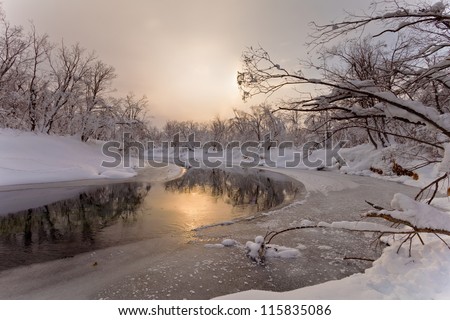 The river in the winter at sunset in Russia on the peninsula of Kamchatka Royalty-Free Stock Photo #115835086
