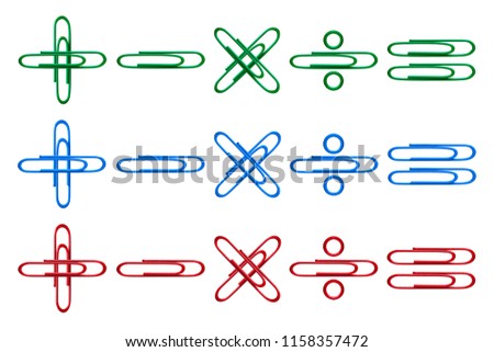 Multi-colored figures from paper clips isolated on white background. Signs of arithmetic operations.