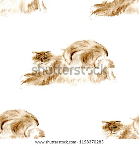 Watercolor portrait of a fluffy cat on a white  background. Seamless pattern.