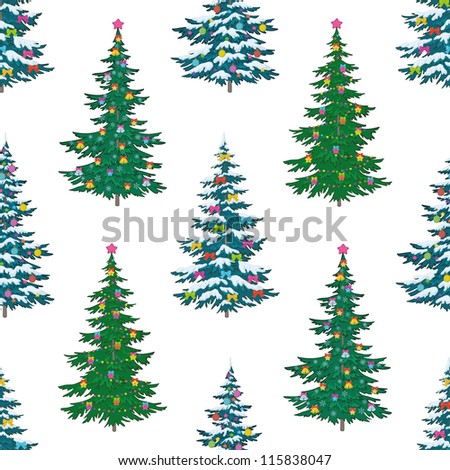 Seamless background, Christmas holiday trees with decorations, isolated on white. Vector