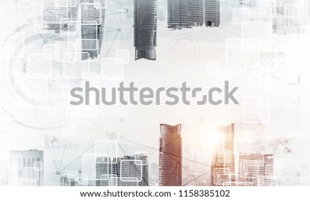 Abstract image of two modern urban worlds located upside down to each other on sky background and media interface. Double exposure. Wallpaper, backdrop with copyspace.