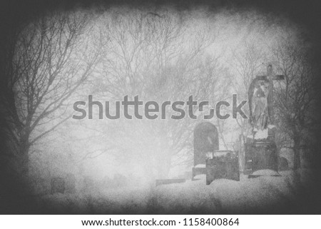 Holiday imagery - Halloween themes, cemetery/graveyard vintage feel photos, snow haze, high-key, old feel.
