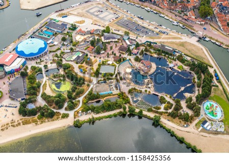 Aerial photography and top view of theme park Dolfinarium including an impressive collection of marine mammals
