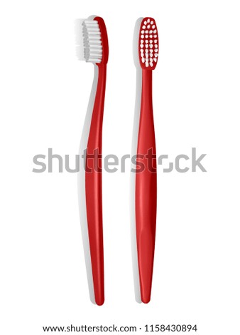 Red plastic toothbrush, the top view, realistic toothbrush on a white background. Vector illustration