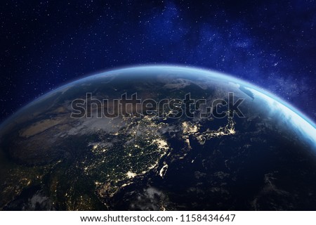 Asia at night from space with city lights showing human activity in China, Japan, South Korea, Taiwan and other countries, 3d rendering of planet Earth, elements from NASA Royalty-Free Stock Photo #1158434647