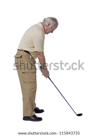 Portrait of old male golfer against white background