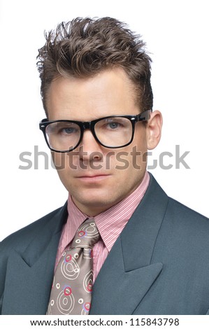 Closeup of nerdy executive businessman with messy hair style and clashing suit