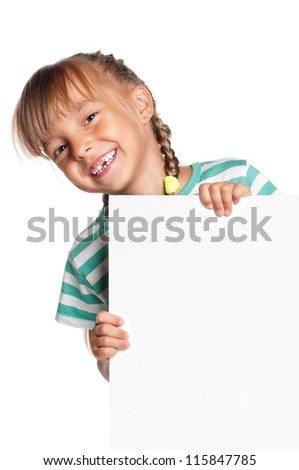 Portrait of happy little girl with white blank isolated on white background