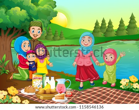 A muslim family picnic in nature illustration
