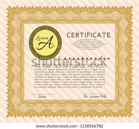 Orange Certificate of achievement. Detailed. With complex linear background. Artistry design. 