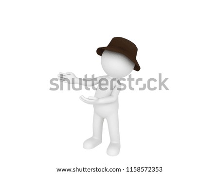 Stick man wearing bucket hat presenting in 3D rendering.