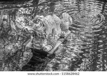 Black and white view of a stone dragon in the middle of the pond; water ripples moving across the surface of water