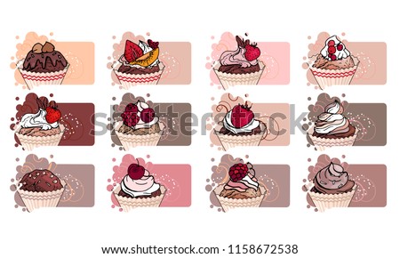 Set with different banners with sweet capcakes. For restaurant and cafe advertisement. Brown, beige and red color