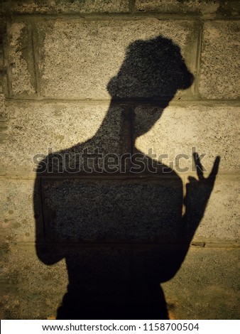 boy lookin g at his own shadow on wall. boy clicking his own shadow.