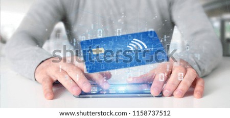 View of a Man holding a contactless credit card payment concept 3d rendering