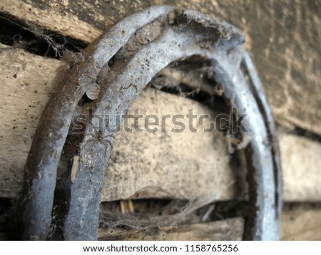 Russian province. Picture village life-a metal the old horseshoe on nails nailed to old a wooden wall with cobwebs and spiders.