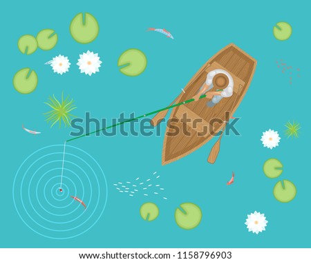 Vector illustration. Fisherman in a wooden boat on the lake with lotuses. Top view.