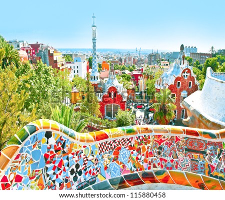 The Famous Summer Park Guell over bright blue sky in Barcelona, Spain Royalty-Free Stock Photo #115880458