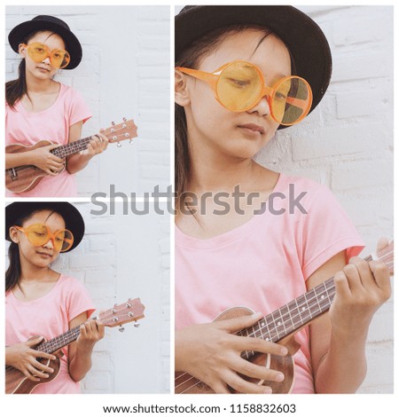 Many picture of Girl playing ukulele wear orange glasses with white wall.
