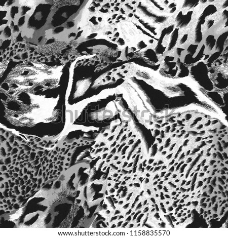 Monochrome Seamless wild safari skin pattern. Mix of Tiger skin, jaguar skin. 