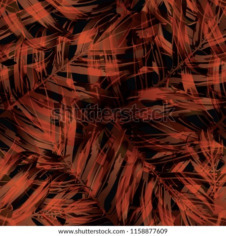Palm Monstera Seamless Pattern. Orange Black Tropical Summer Background. Beach Jungle Leaves for Swimwear Design. Lei Rapport. Retro Hawaiian Print. Exotic Texture. Botanic tile.