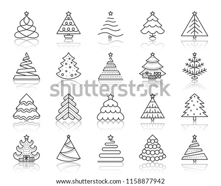 Christmas Tree thin line icons set. Outline sign kit of xmas trendy. Stylized linear icons of artificial snow, spruce, present box fir. Simple christmas tree symbol with reflection vector Illustration