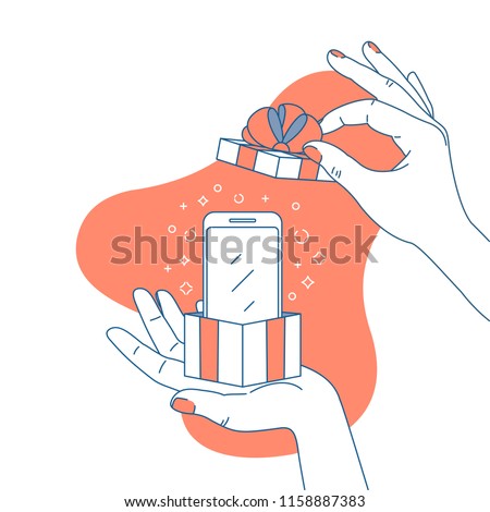 Woman hand holding a gift box with smartphone. Surprise illustration. Shopping. Vector illustration