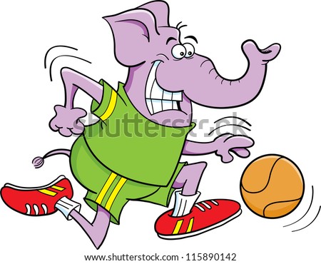 Cartoon illustration of an elephant playing basketball