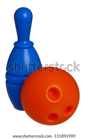 Single plastic skittle of toy bowling with orange ball isolated on a white background